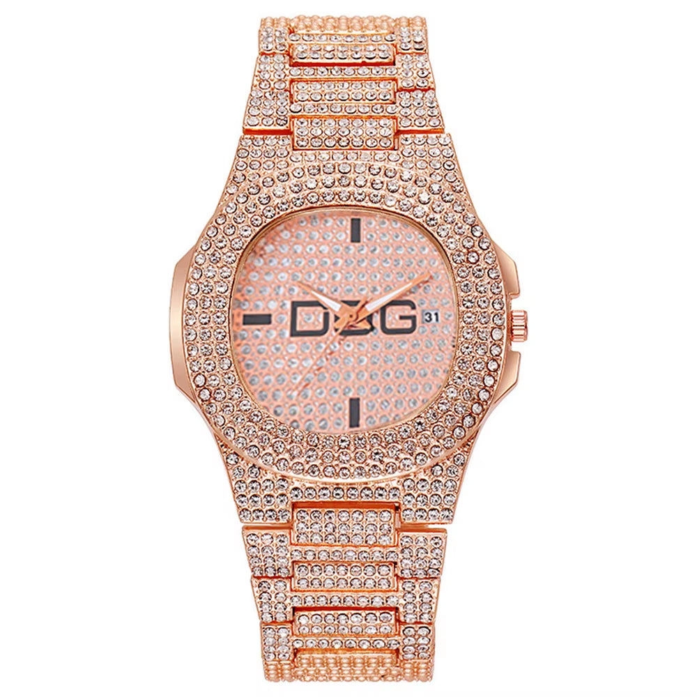 Man'S Watch Luxury Full Star Diamonds Calendar Quartz Watches Fashion Rose Gold Stainless Steel Male Hip Hop Large Dial Clock