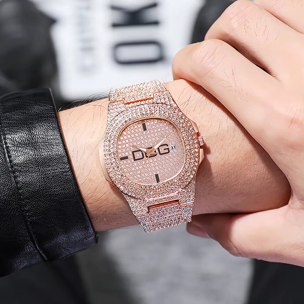 Man'S Watch Luxury Full Star Diamonds Calendar Quartz Watches Fashion Rose Gold Stainless Steel Male Hip Hop Large Dial Clock