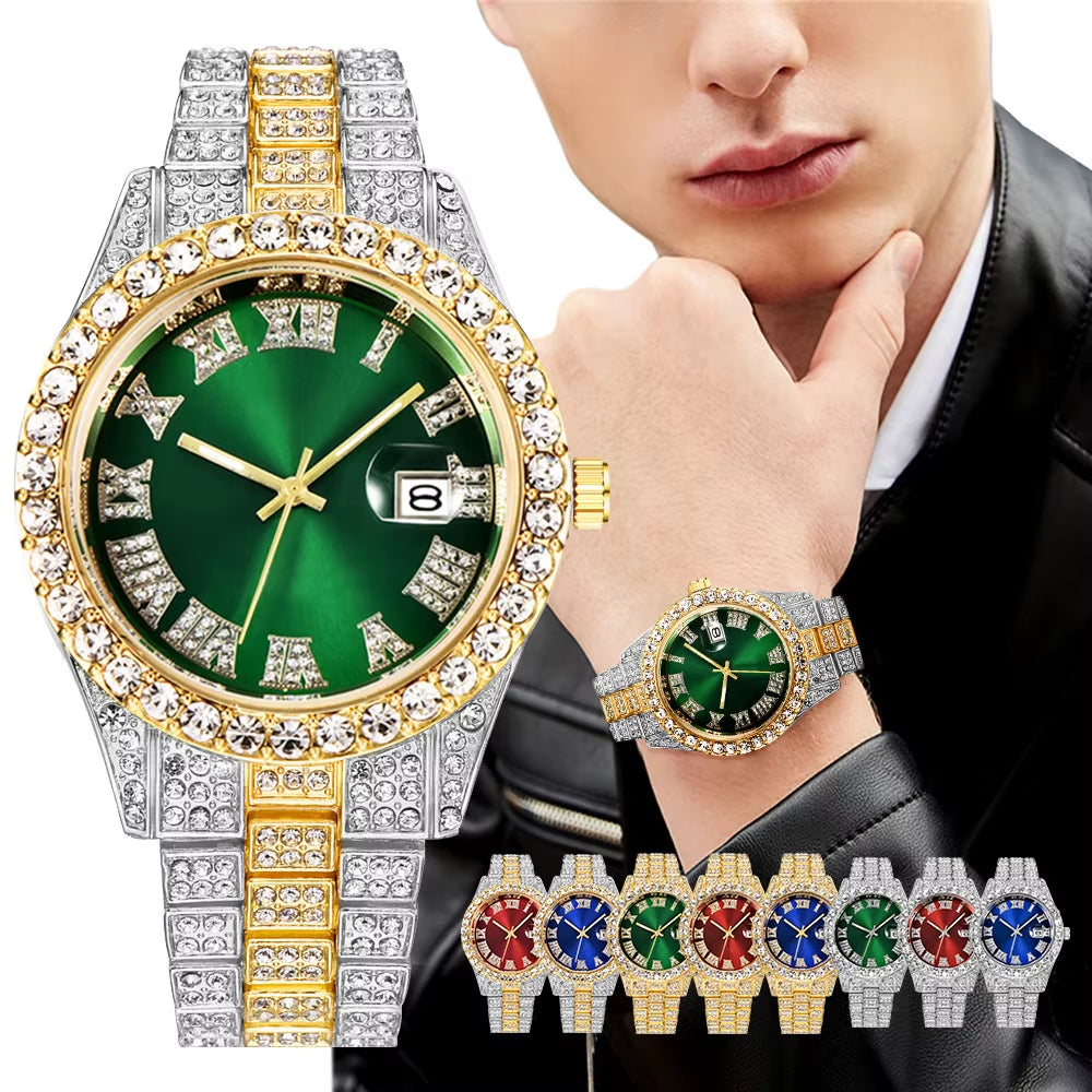 Fashion Full Diamond Men'S Watch Stainless Steel Band Male Quartz Wristwatches Date Calendar Watches