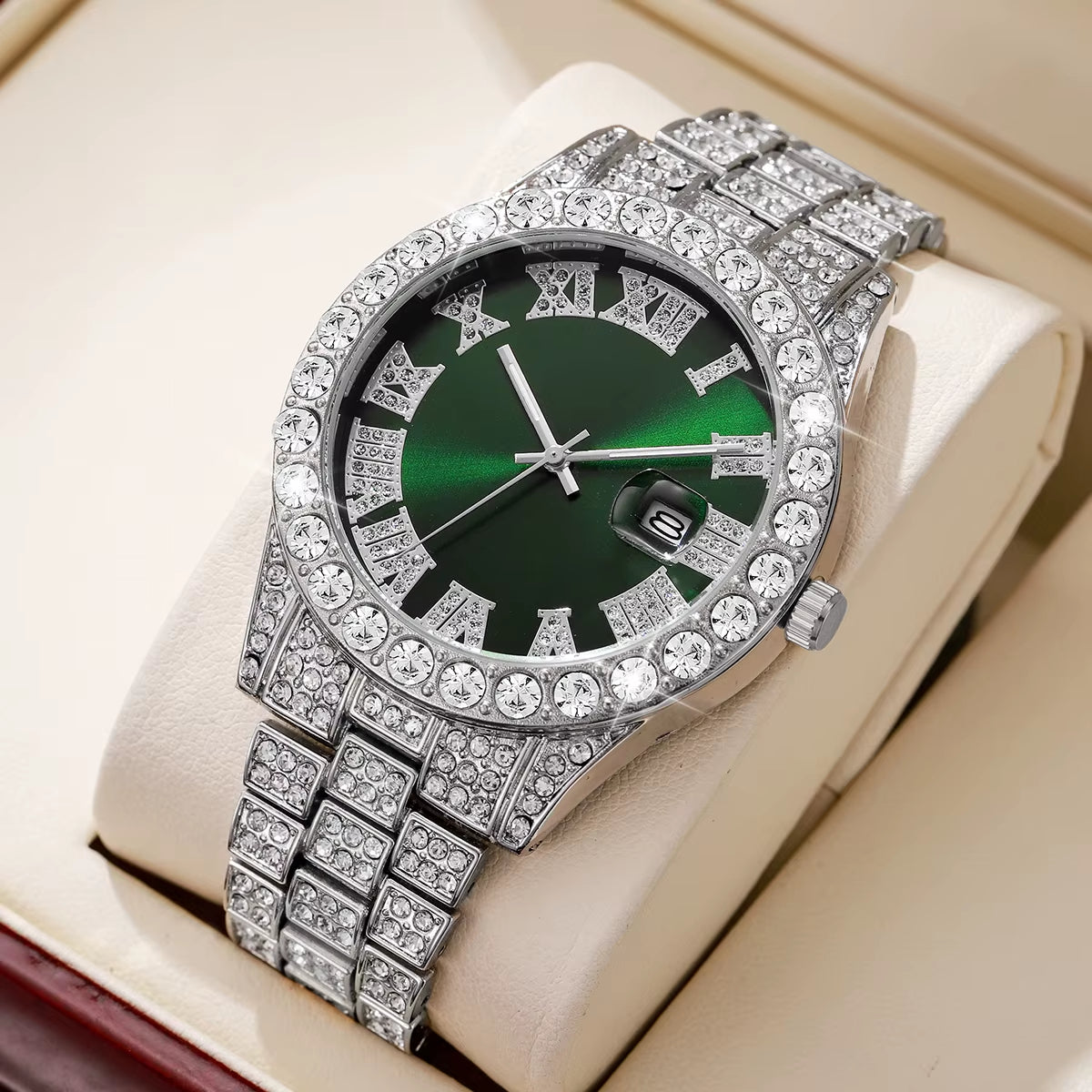 Fashion Full Diamond Men'S Watch Stainless Steel Band Male Quartz Wristwatches Date Calendar Watches
