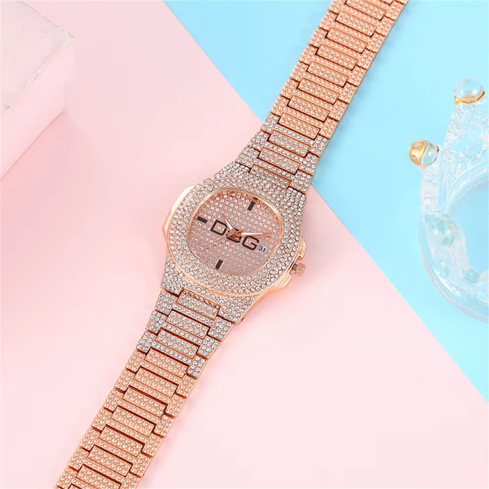 Man'S Watch Luxury Full Star Diamonds Calendar Quartz Watches Fashion Rose Gold Stainless Steel Male Hip Hop Large Dial Clock