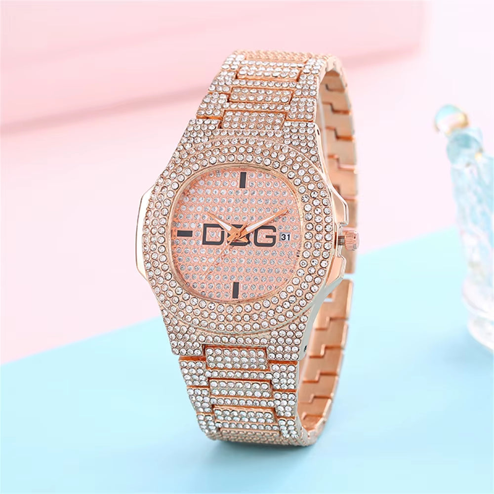 Man'S Watch Luxury Full Star Diamonds Calendar Quartz Watches Fashion Rose Gold Stainless Steel Male Hip Hop Large Dial Clock